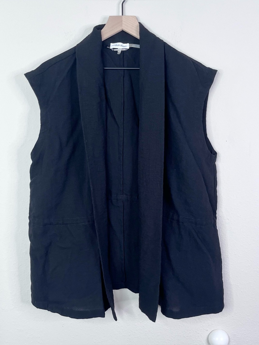 Calvin Klein Women's Black Vest Open Front Size Large Blazer Cinch Waist Career